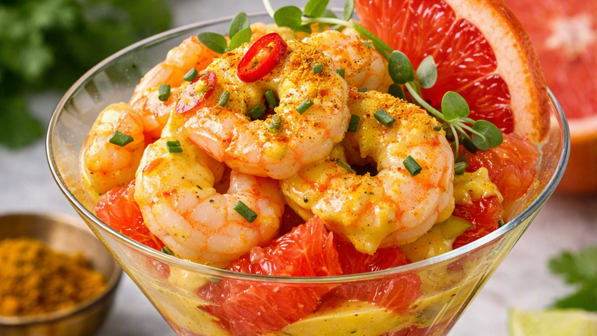 Cóctel de langostinos y pomelos con salsa al curry