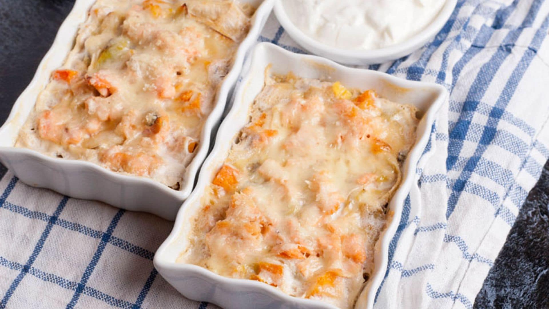 Gratinado de rape y calabaza con salsa Aurora
