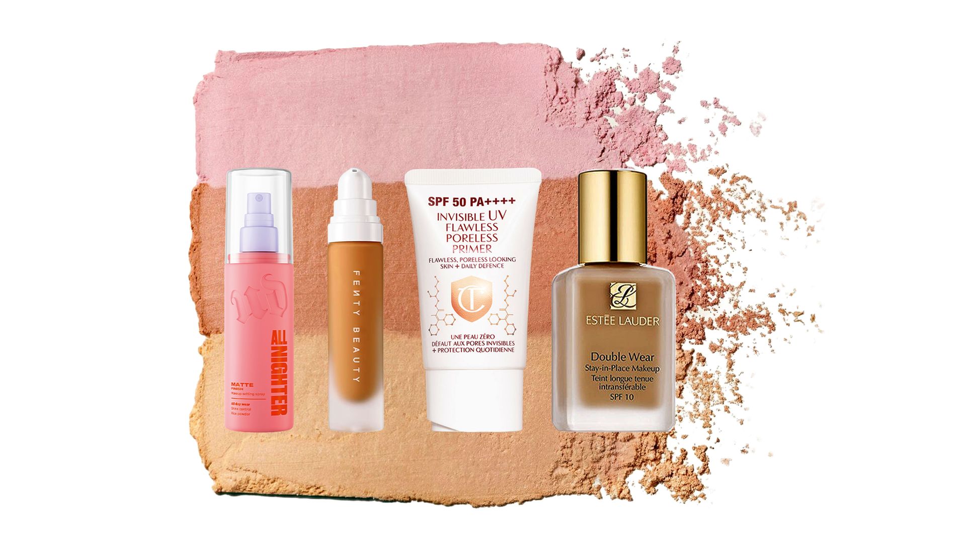Fijador de maquillaje mate: All Nighter (22 €), de Urban Decay. Base ligera: Soft’ Lit (40 €), de Fenty Beauty. Primer con SPF: Invisible UV Flawless Poreless Primer (50 €), de Charlotte Tilbury. Base de larga duración: Double Wear Stay-In-Place Oil-Control SPF 10 (29,95 €), de Estée Lauder