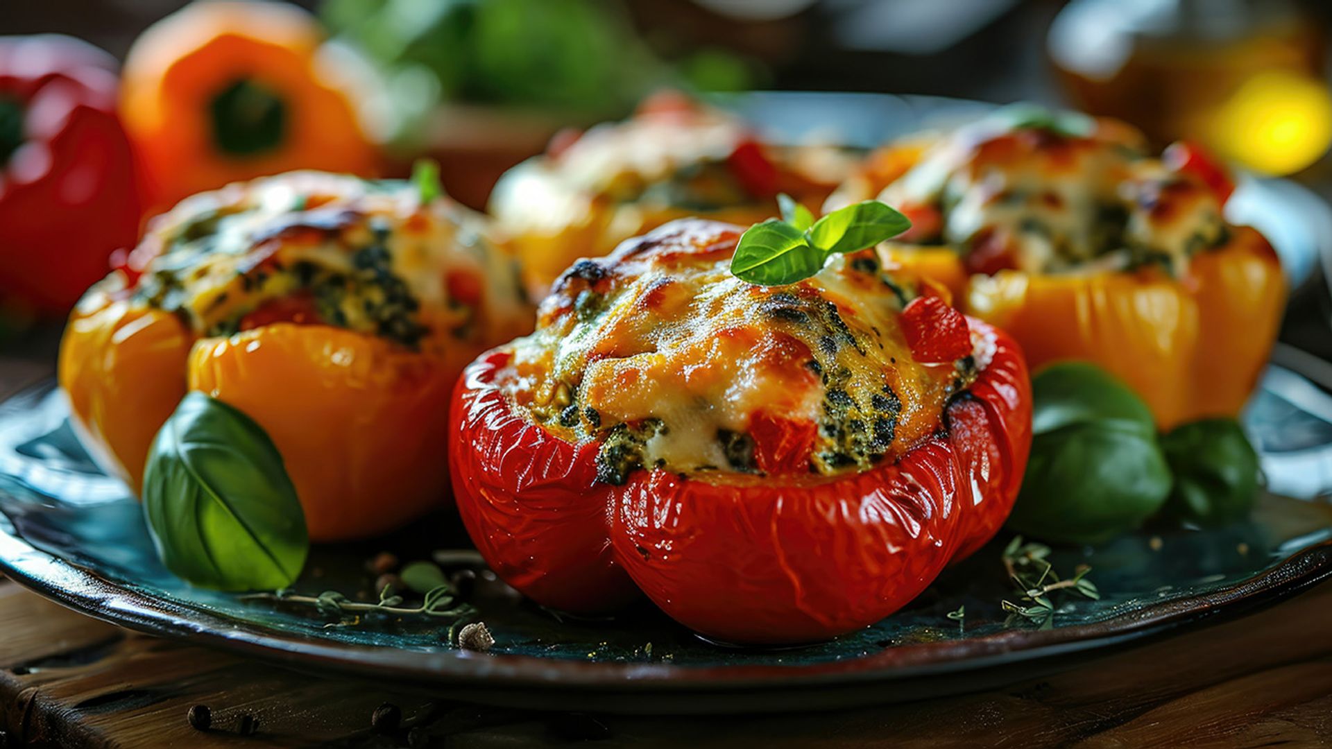 Pimientos rellenos de brócoli, alcaparras y bechamel vegana