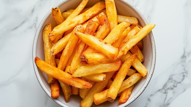 Bol con patatas fritas crujientes y tostaditas