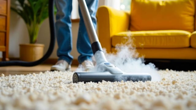 Persona usando una vaporeta en la alfombra