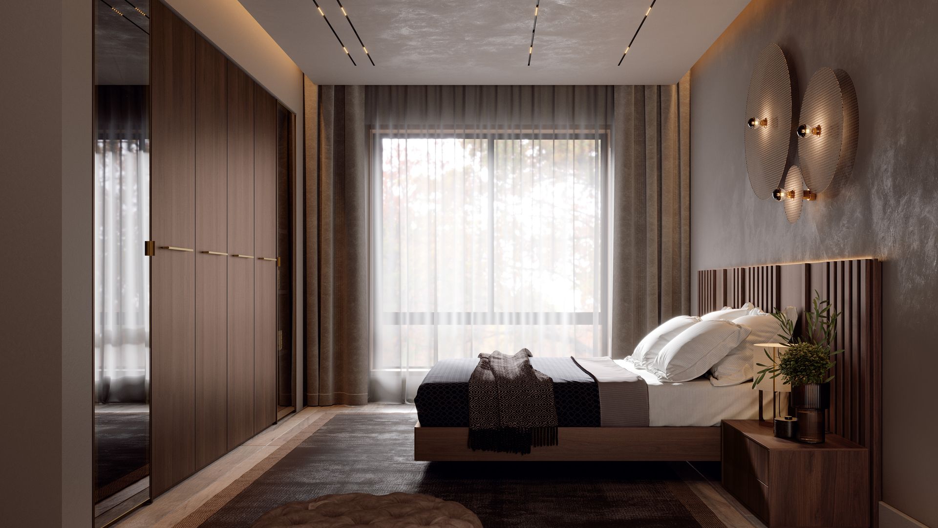 Dormitorio con paredes, cortinas y armario en color chocolate. cabecero de madera. lámparas sobre la cama, armario XL con puerta de espejo, cortinas y visillos, alfombra