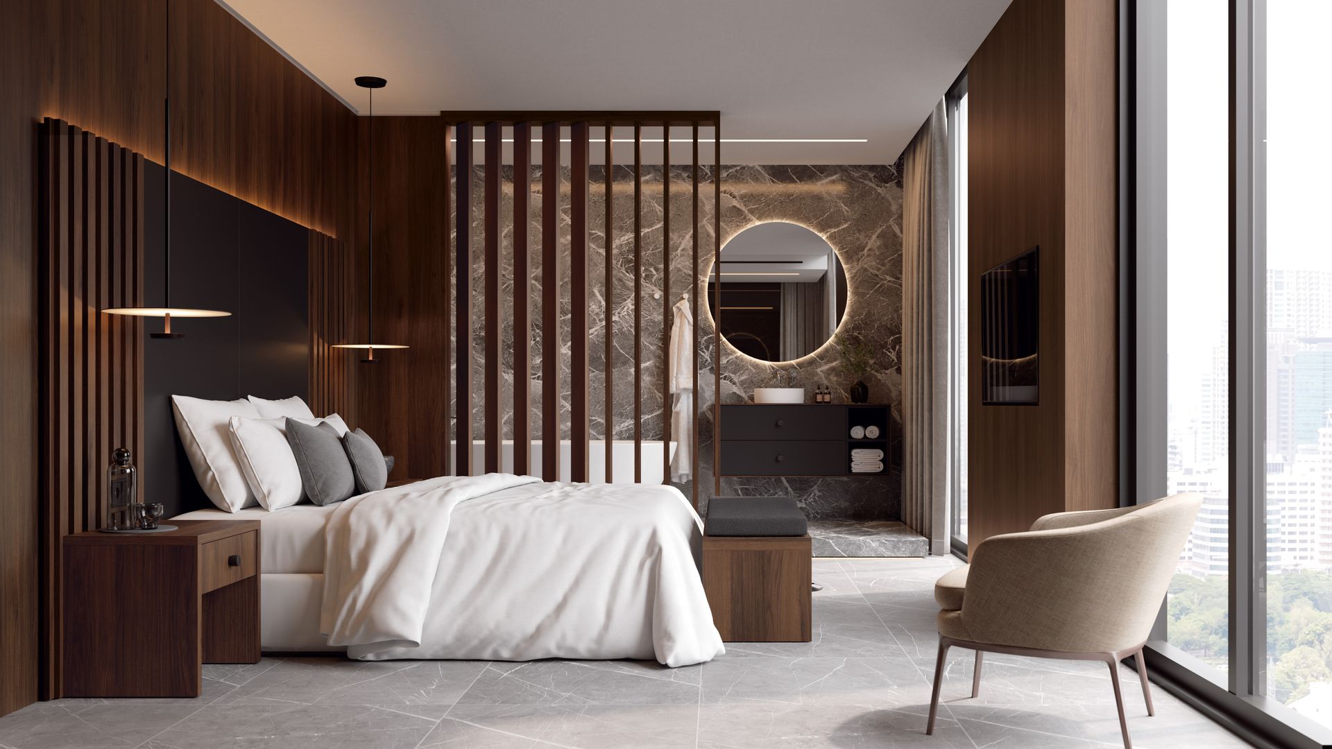 Dormitorio con baño integrado, separado por un tabique de lamas de madera oscura, cabecero negro, bañera exenta, pared de mármol, espejo redondo, ropa de cama blanca, butaca 