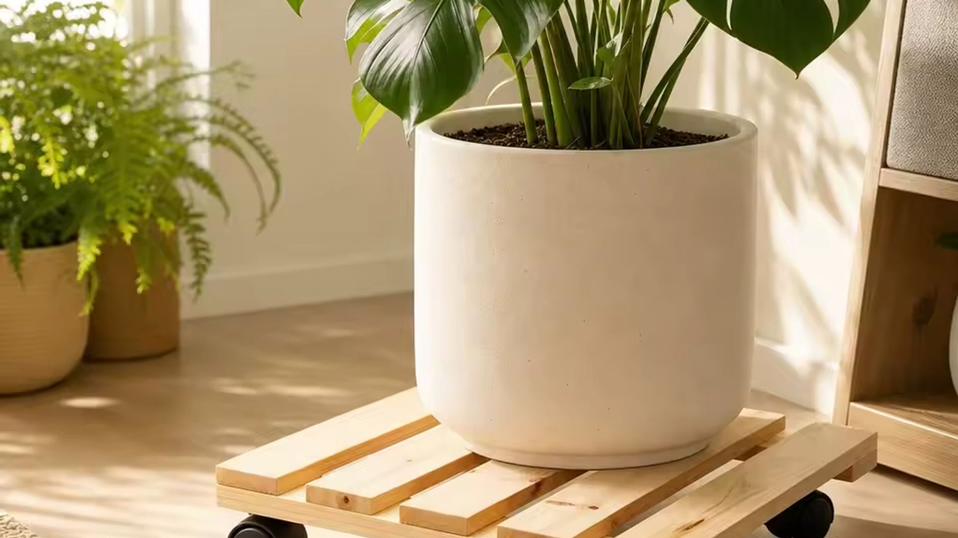 Soporte para macetas de madera con ruedas grandes de Aliexpress.