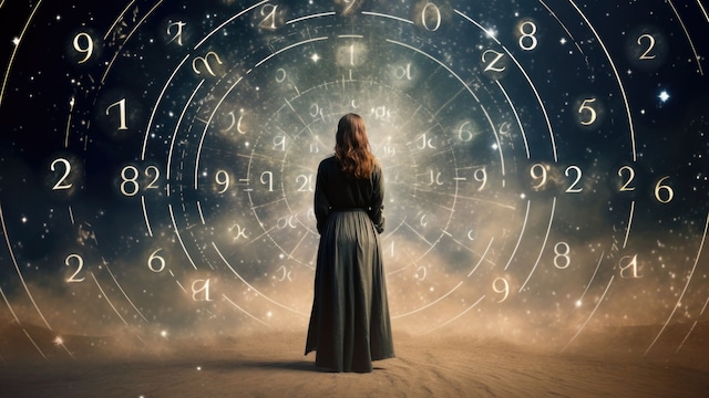 Mujer de pie en un desierto rodeada de números mágicos, adivina, numerología, concepto de predicción del futuro.