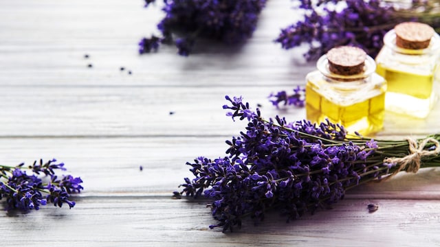 flores de lavanda y aceite esencial sobre una mesa de madera
