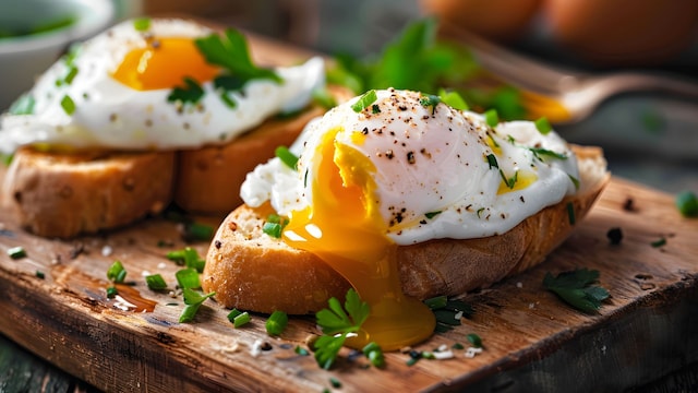Huevos escalfados sobre tostas de pan