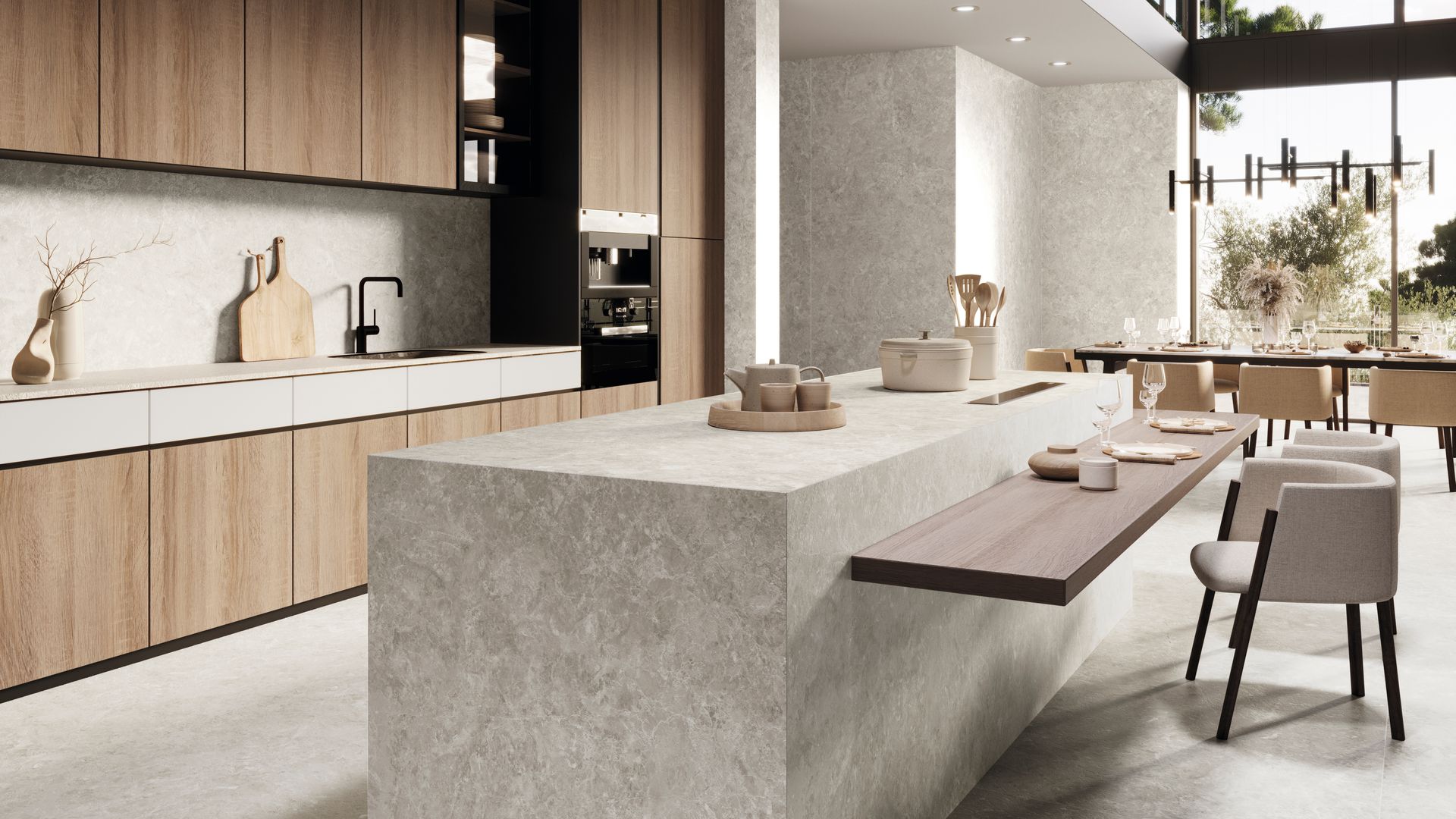 Cocina en madera y piedra beis