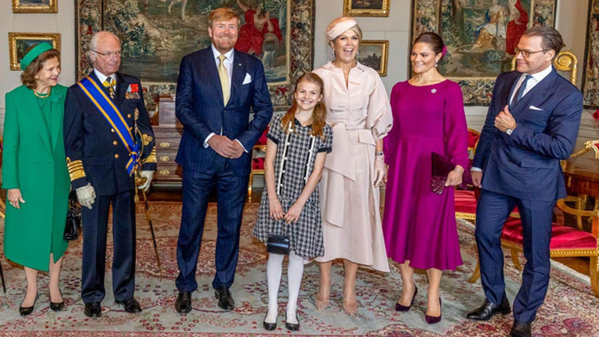 Estelle de Suecia ejerce de simpática anfitriona en la bienvenida a los reyes Guillermo y Máxima