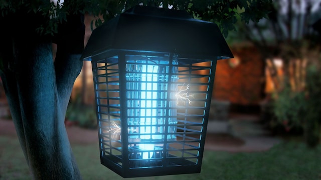 Lámpara Antimosquitos en jardín exterior de noche y encendida.