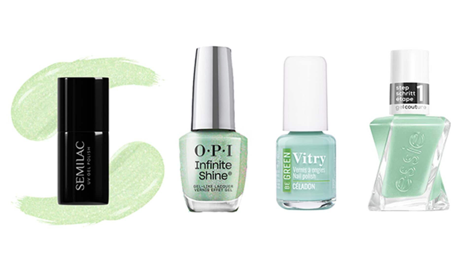 De izquierda a derecha: esmalte semipermanente de Semilac en el tono 497 Green Groove (10,90 euros); Infinite Shine de OPI en el tono Teals Familiar (21,25 euros); esmalte de uñas Be Green de Vitry en el tono Céladon (7,50 euros); y Gel Couture de Essie en el tono Bling it (15,50 euros). 