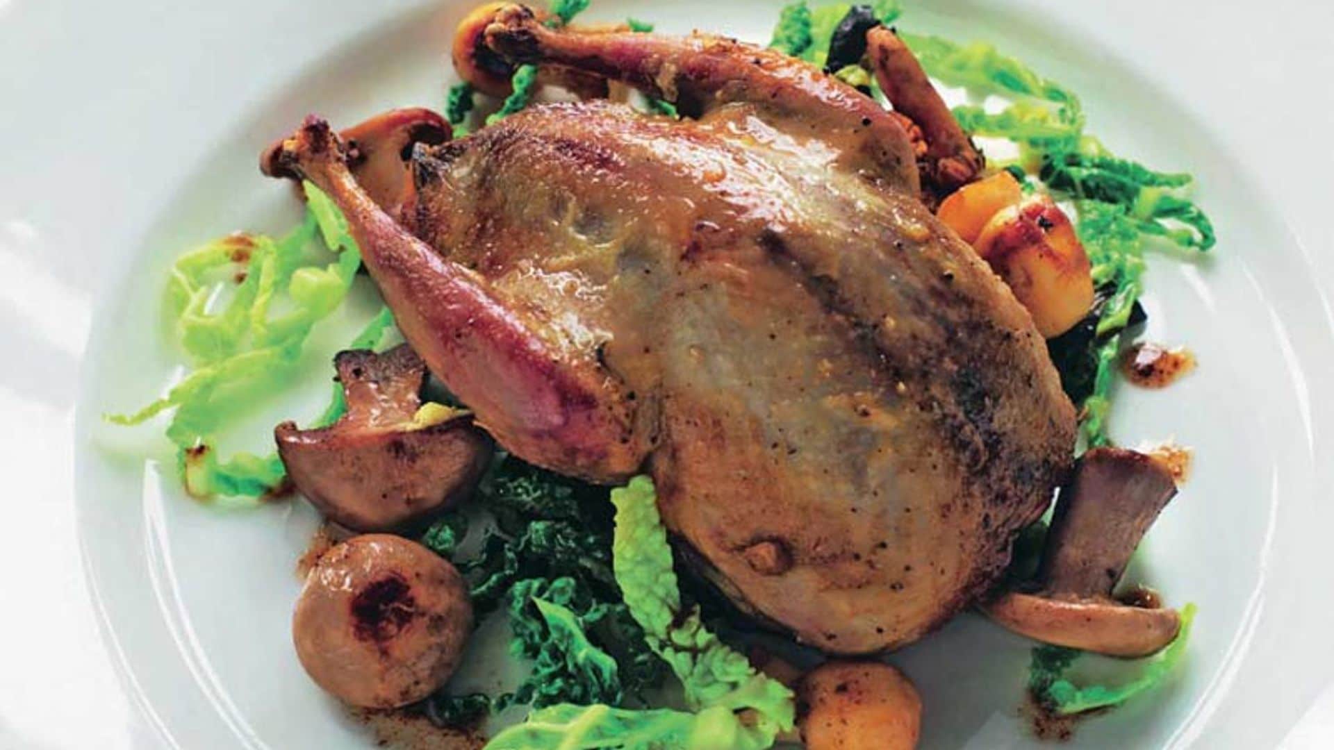 Perdiz asada con setas de temporada