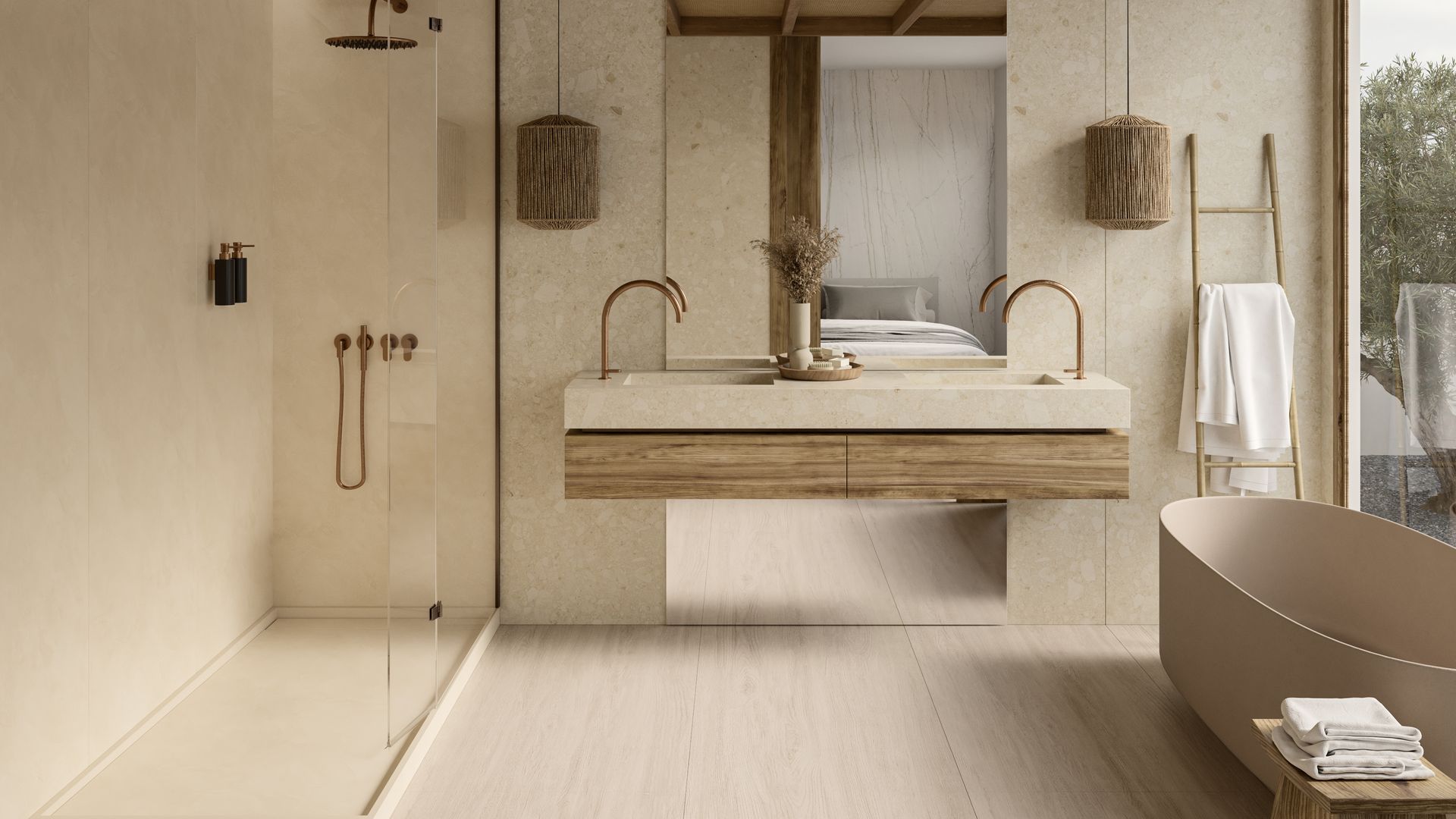 Baño con ducha XL y bañera en beiges y arena con grifería dorada, ventanal, escalera de madera como toallero, mueble suspendido, lámparas de fibras vegetales