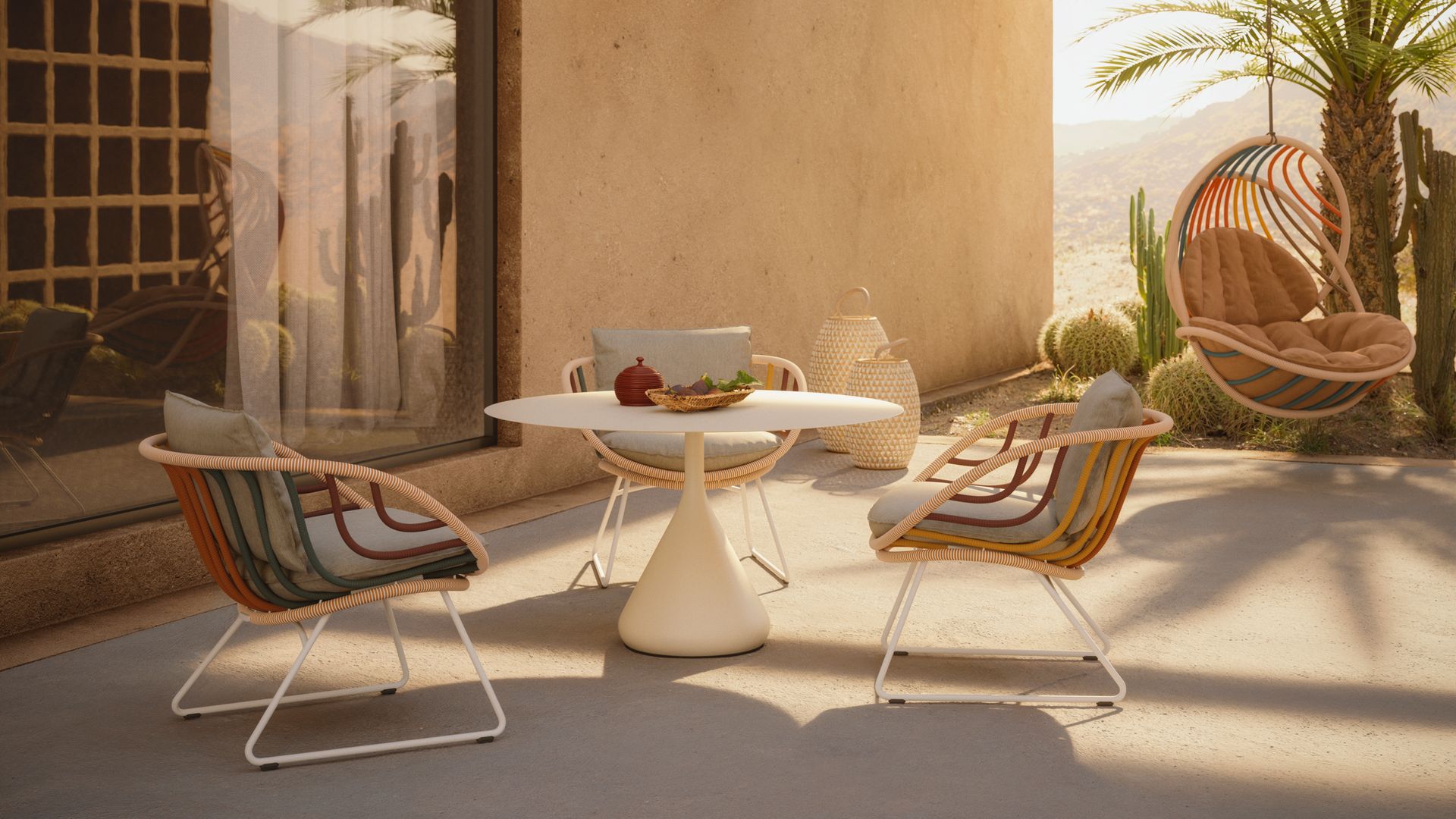 Comedor al aire libre con sillón colgante
