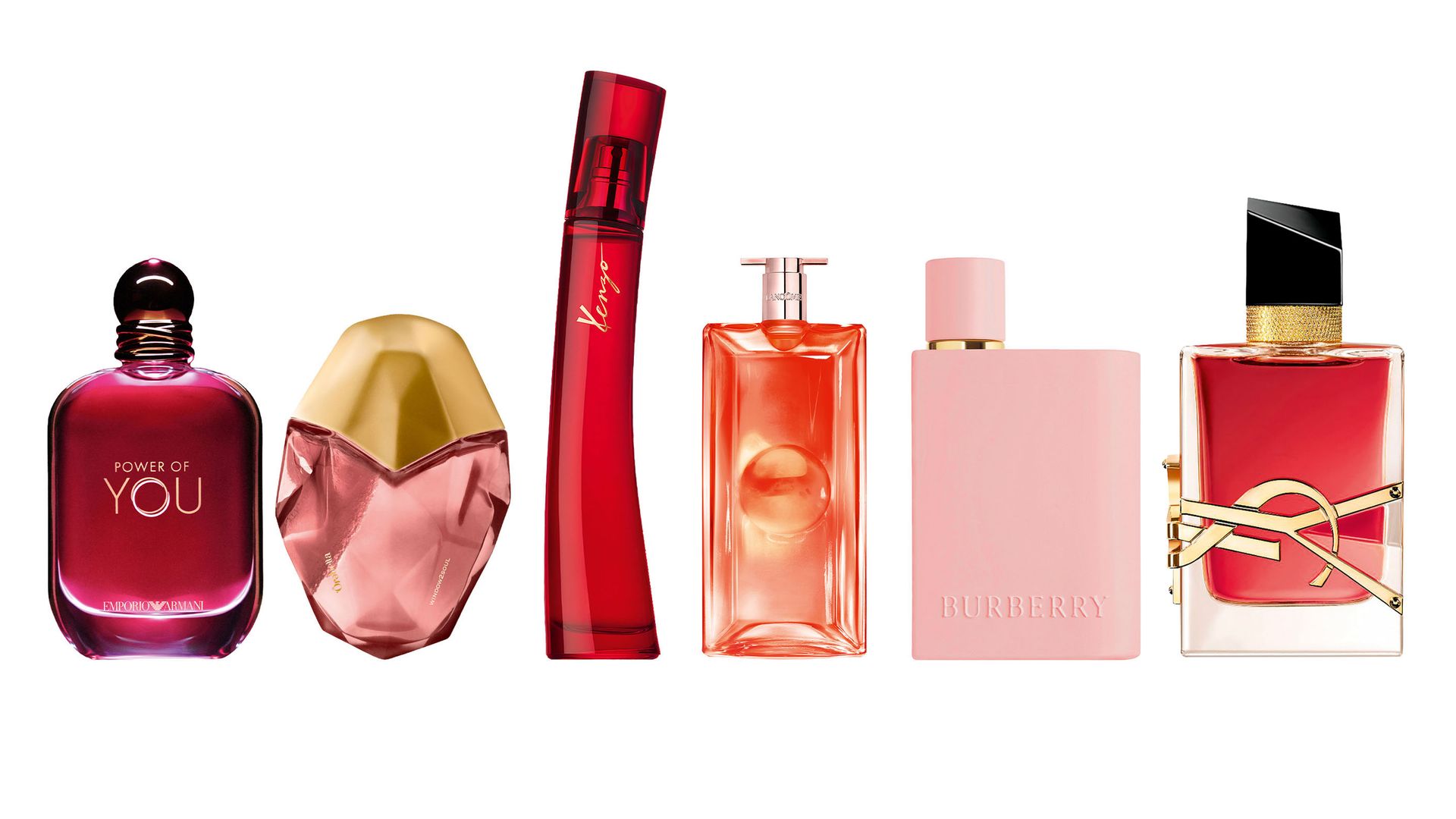 De izqda. A dcha. El acorde de maracuyá en Power of you, de Emporio Armani, es tan hiperrealista que parece que estás mordiendo la fruta. Riquísima. (105 €, 50 ml). / Orabella, los perfumes de Bella Hadid, aterrizan en Europa. Con base de aceites esenciales, Window2soul huele a rosas y jazmín (82 €, 50 ml) / La rosa, en el centro de Le Rouge Flower, de Kenzo, cobra matices empolvados con vapor de arroz y almizcles (120 €, 75 ml) / En Idôle Peach N’ Roses, de Lancôme, el melocotón natural se baña en pétalos de rosa. ¿Puede ser más sugerente? (119 €, 50 ml)./ Los cerezos en flor inspiran Burberry Her Parfum, una composición dulce con cereza, ámbar y vainilla (192,60 €, 100 ml) / Casi siempre actriz secundaria, la frambuesa es protagonista principal de Libre Berry Crush, de YSL Beauty (140 €, 50 ml).