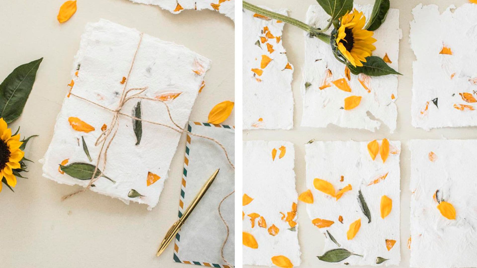 Así puedes hacer papel artesanal decorado con flores de girasol