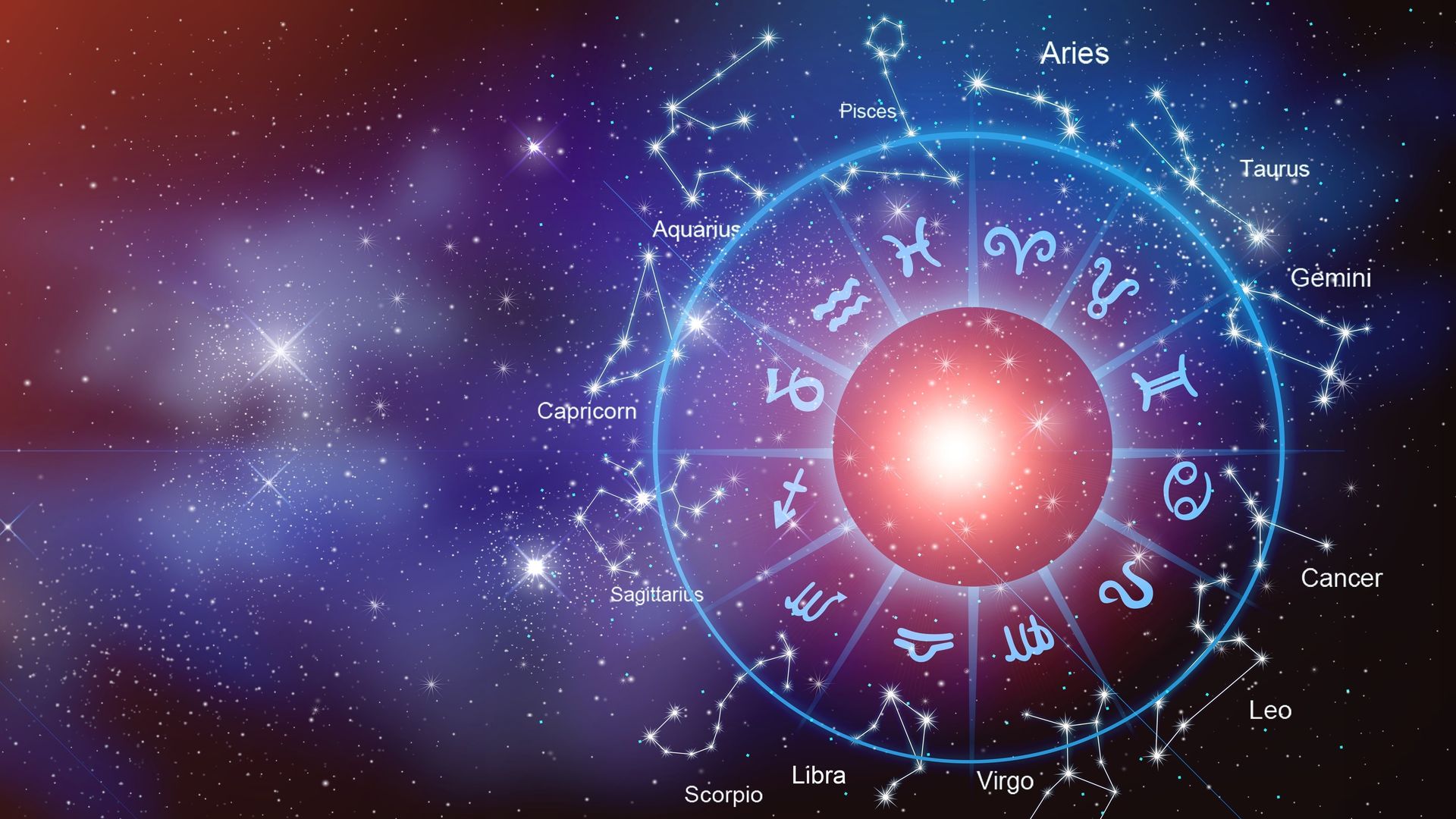 Signos del zodíaco dentro del círculo del horóscopo. Astrología en el cielo con estrellas y lunas. Concepto de astrología y horóscopos.