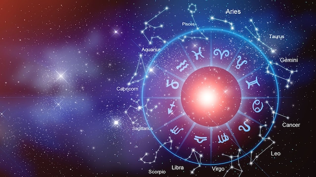 Signos del zodíaco dentro del círculo del horóscopo. Astrología en el cielo con estrellas y lunas. Concepto de astrología y horóscopos.