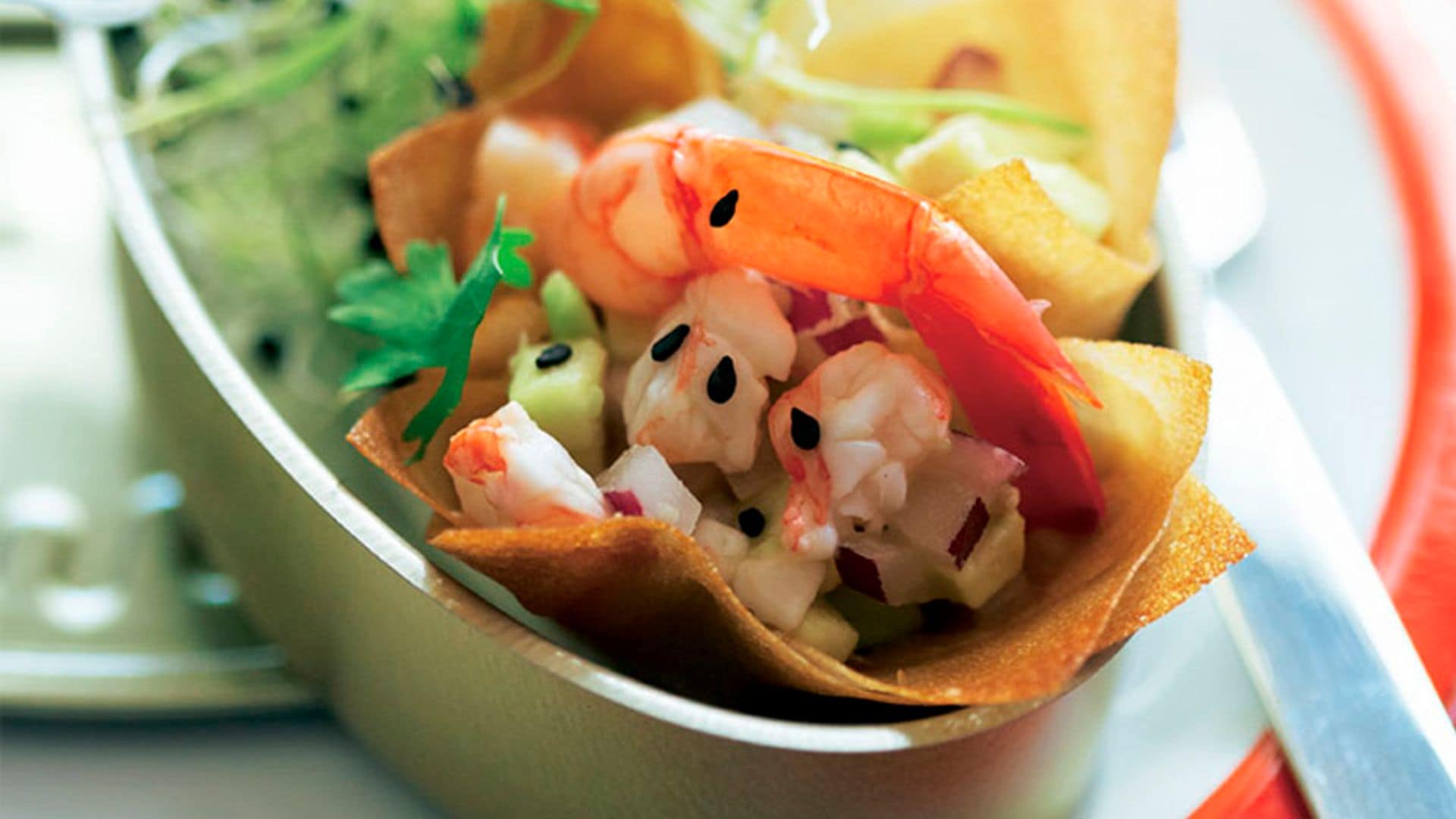 Crujientes de ceviche de gambas rojas
