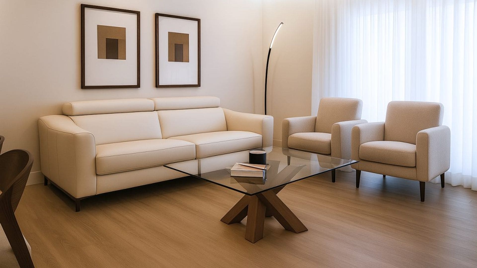 Salón con sofá de cuero blanco, suelo de madera, mesa de cristal con el pie de madera, butacas blancas y cuadros en la pared del sofá 