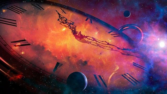 En esta imagen, se ve un reloj sobre un fondo cósmico, que ilustra el Big Bang que creó el tiempo y el espacio.