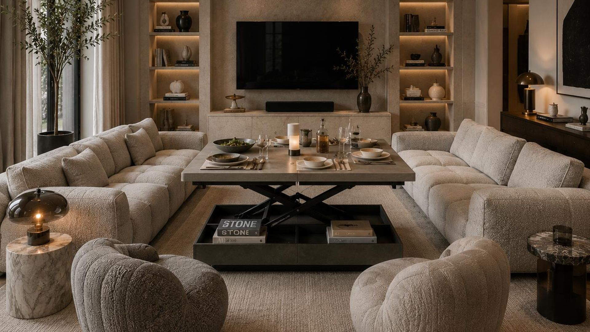 Salón con mesa de centro elevable, mueble de television, sofás blancos, butacas, lámparas de sobremesa, luz en el interior de las estanterías