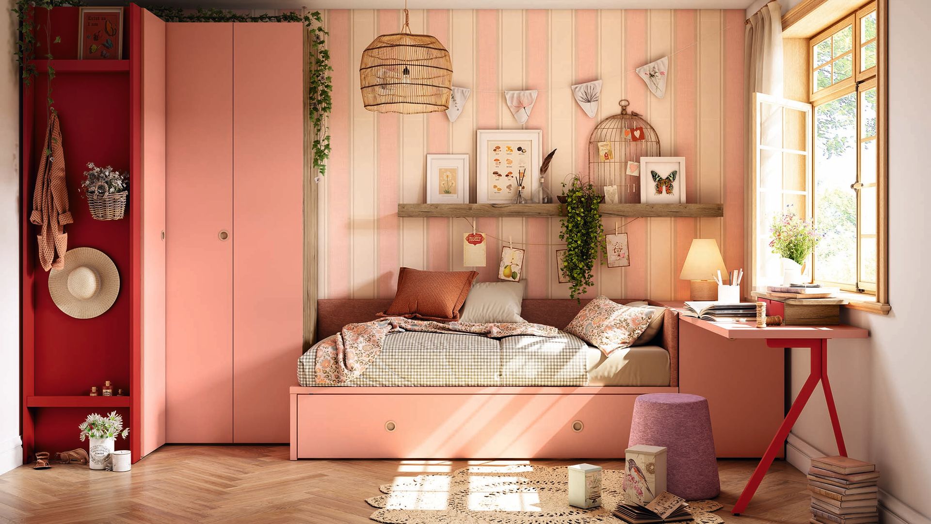 Habitación infantil de estilo cottagecore, con cama nido de color rosa palo, armario a juego, funda nórdica de cuadros verdes y blancos, papel pintado de rayas rosas y blancas, escritorio, lámpara de fibras vegetales, cojines, cuadros y adornos