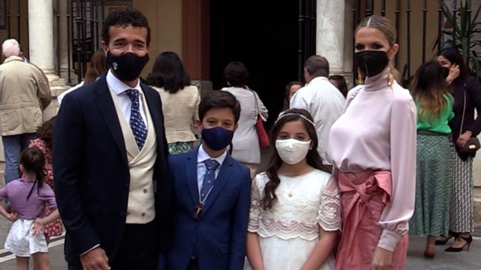 el torero victor puerto y noelia margoton durante la comunion de sus hijos victor y paola puerto margoton en sevilla 01 mayo 2021