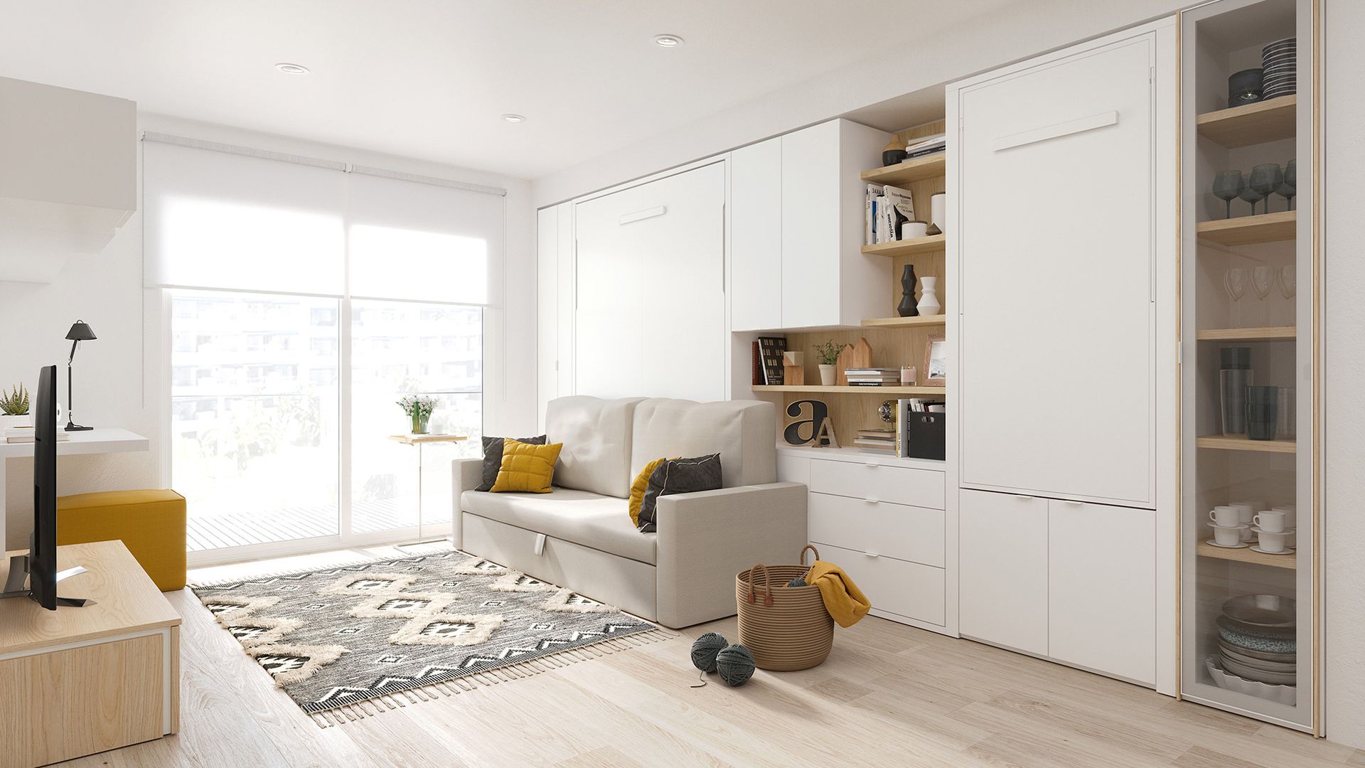 Piso pequeño con salón con mueble que cuenta con una cama abatible, cajones y sofá cama 