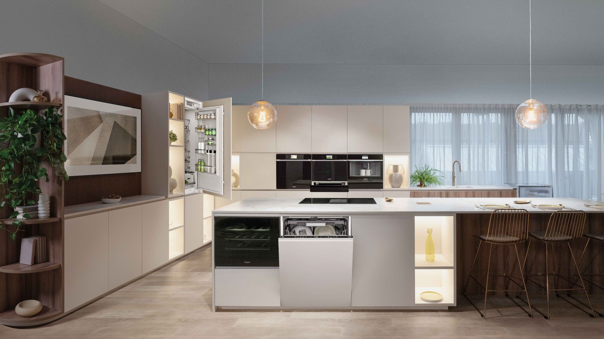 Cocina con isla, electrodomésticos integrados, vitrina, lámparas de techo