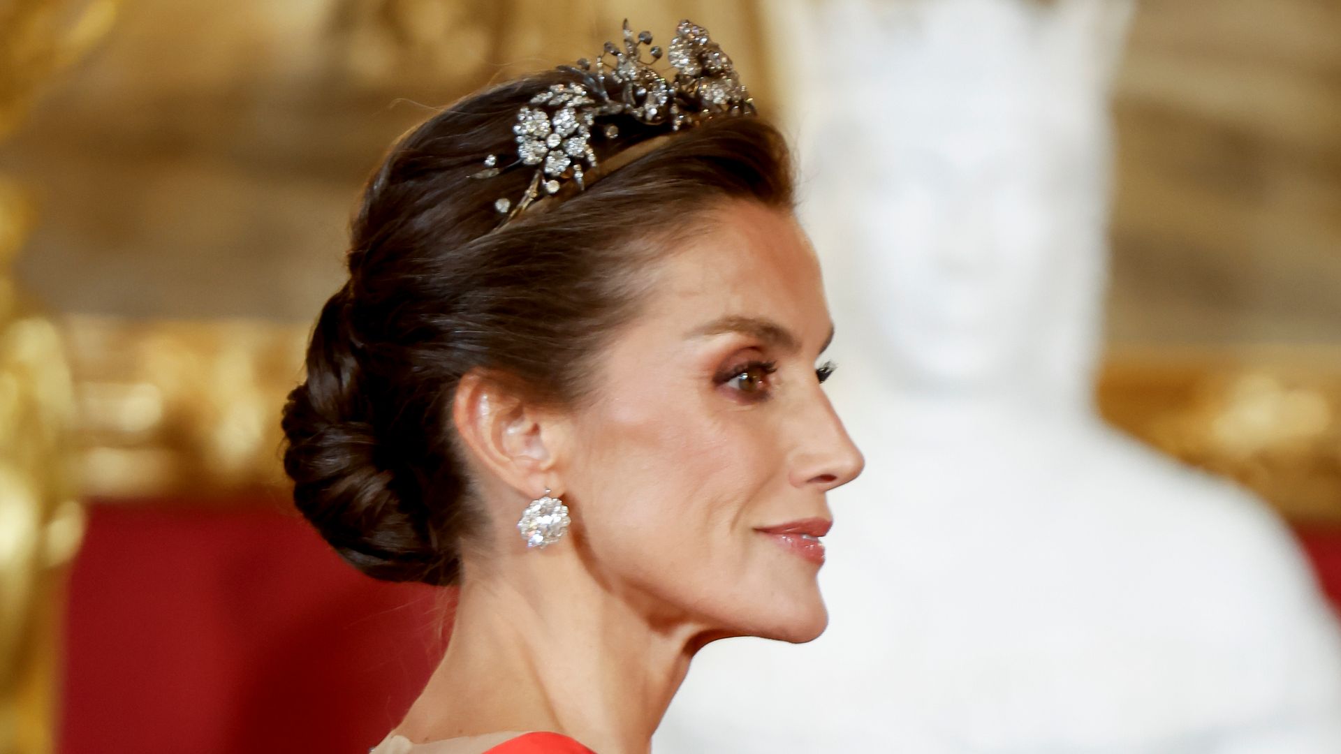 El vestido de gala 'Frozen' de la reina Letizia en el banquete con los Macron: un diseño de Carolina Herrera con capa, transparencias y escote bordado