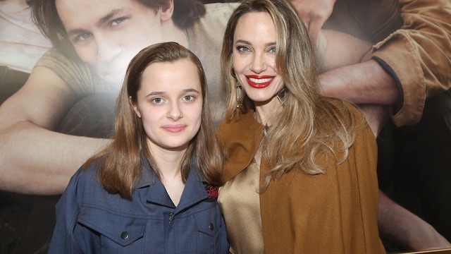 NEW YORK, NEW YORK - APRIL 11: Vivienne Jolie-Pitt and Angelina Jolie attend the opening night of "The Outsiders" at The Bernard B. Jacobs Theatre on April 11, 2024 in New York City. (Photo by Bruce Glikas/Getty Images)