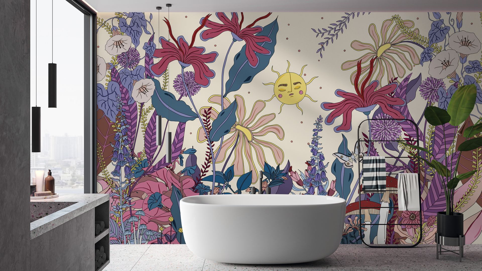 Baño con bañera exenta blanca y papel pintado a modo mural 