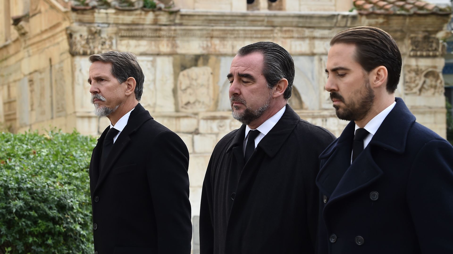 Pablo de Grecia, junto a Nicolás y Felipe, en el funeral de Irene de Grecia