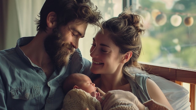 Pareja feliz con su bebé