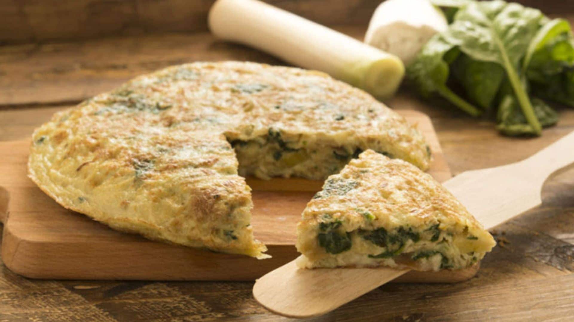 Tortilla de espinacas, puerro y queso de cabra