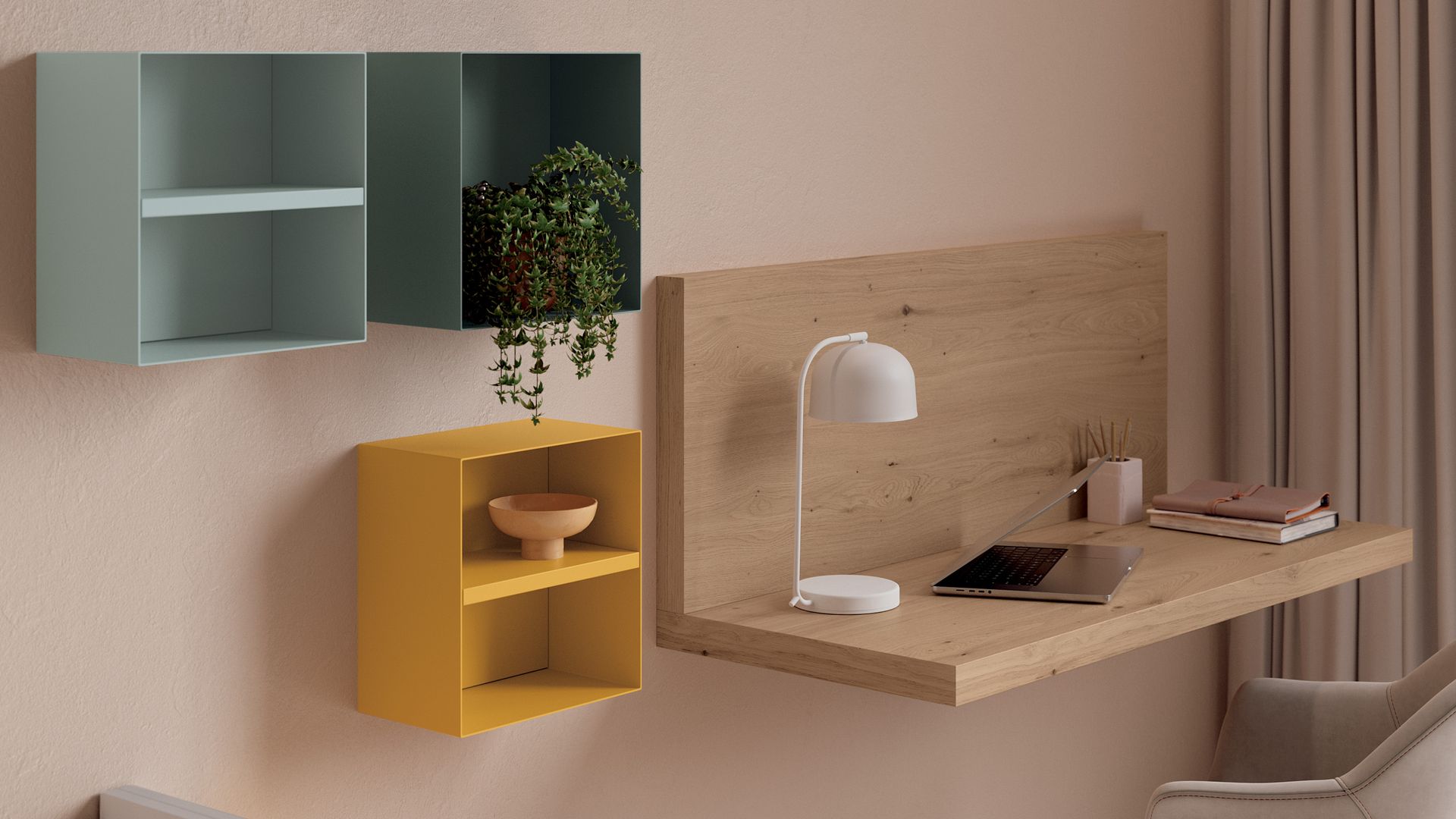 Despacho con escritorio, contenedores de colores en la pared, silla, mueble bajo y flexo
