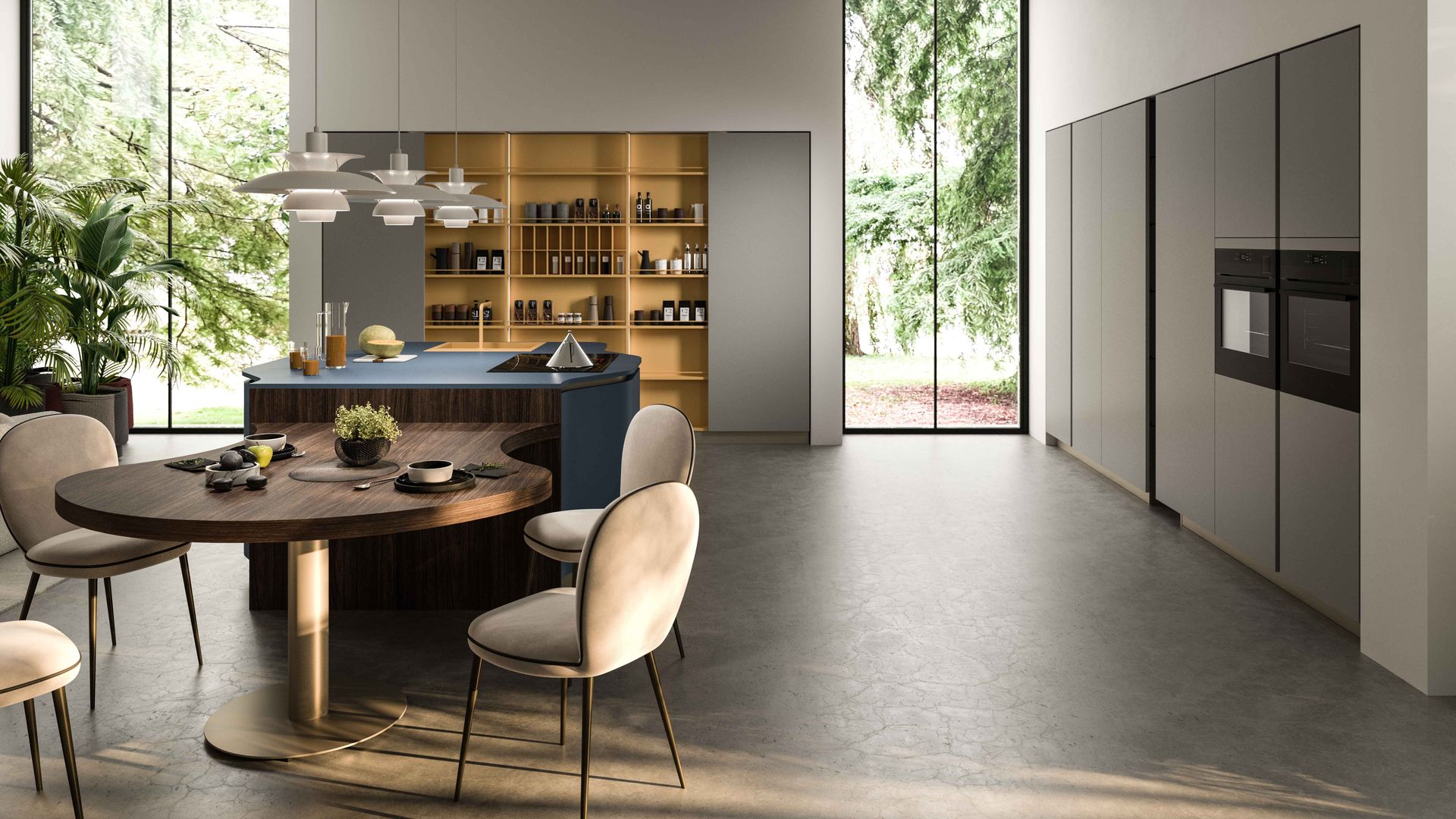 Cocina con mesa de comedor adosada a la isla, sillas de comedor, electrodomésticos en columna, grandes ventanales
