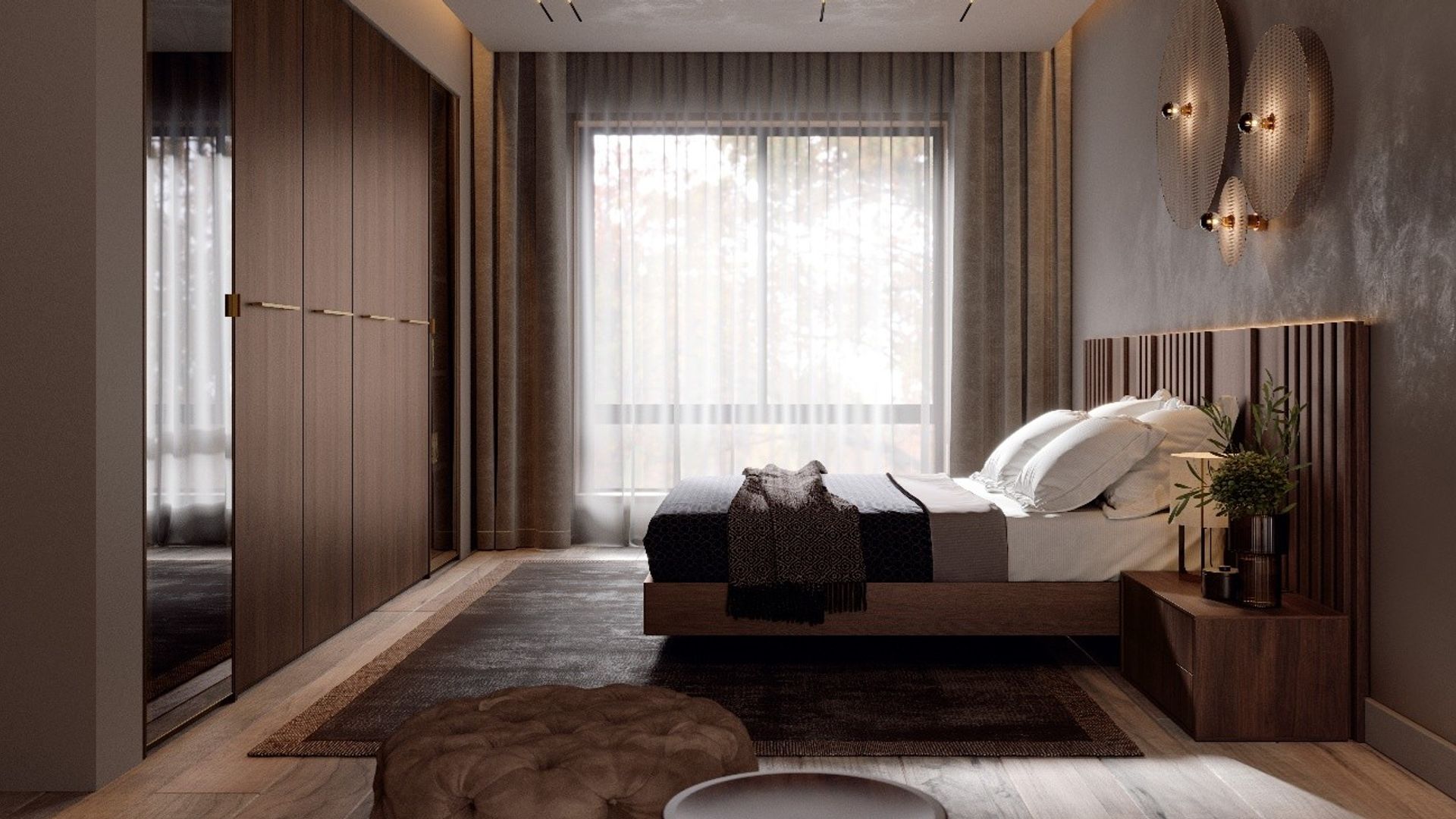 Dormitorio con gran ventanal, cabecero de madera con luz integrada, apliques en la pared del cabecero, cortinas, alfombra, armario frente a la cama 