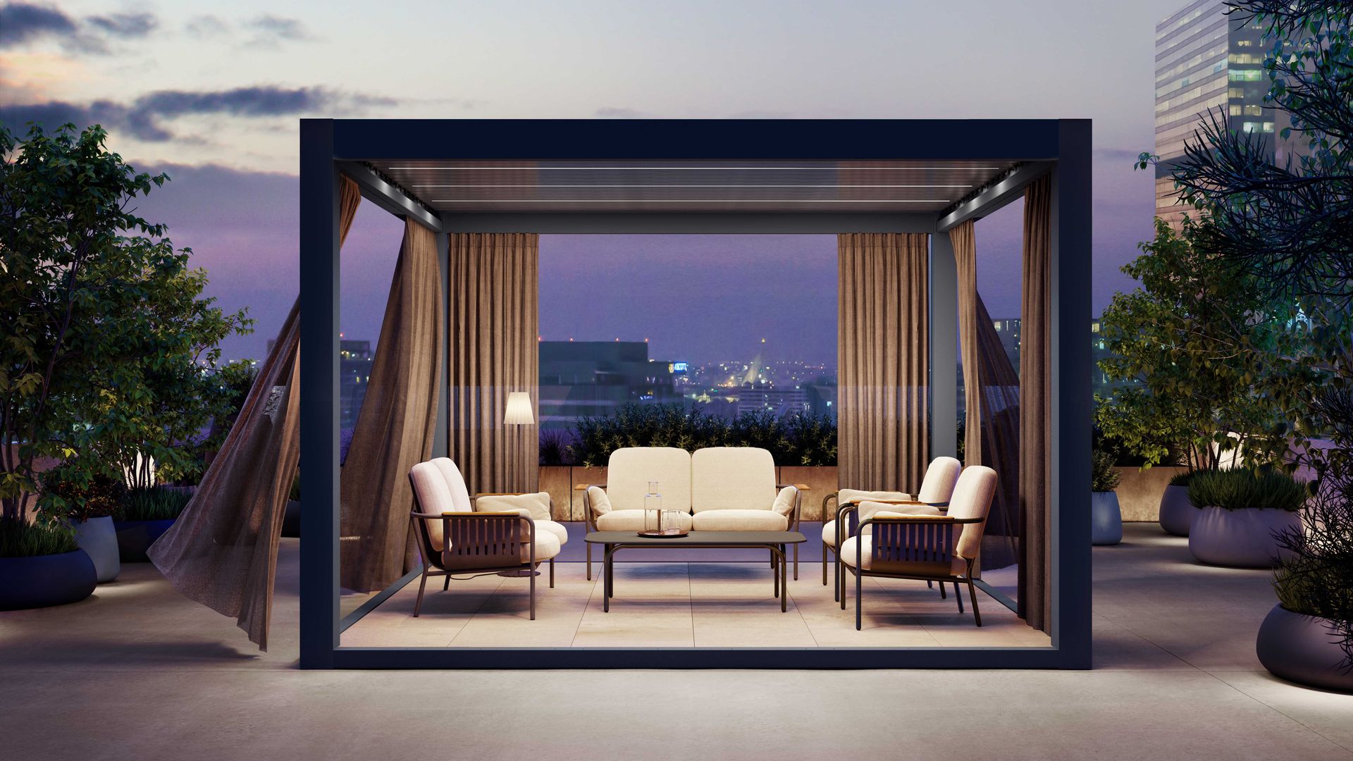 Jardín con pérgola bioclimática con salón exterior