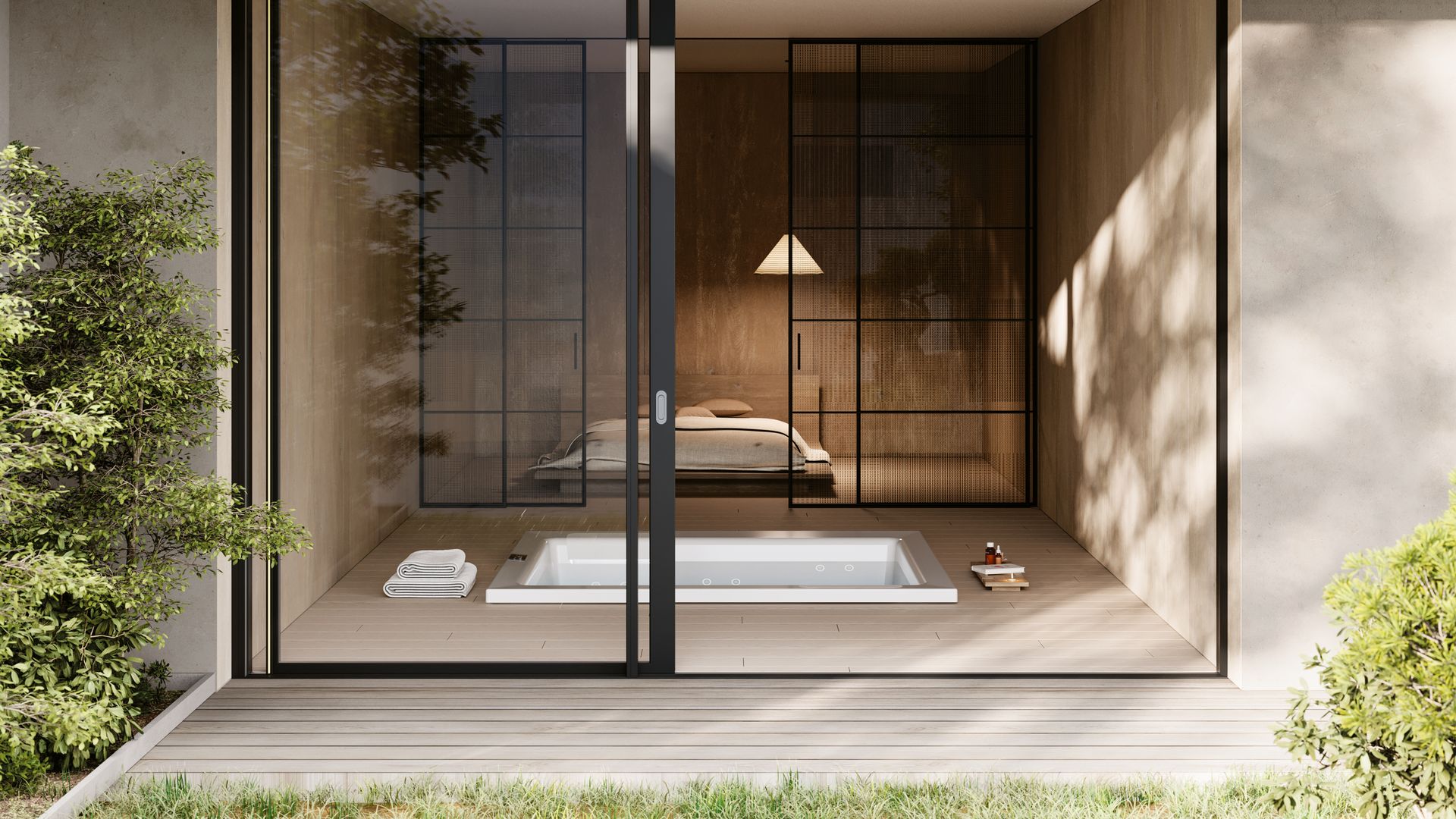 Baño de estilo japonés con salida al jardín con gran ventanal corredero, bañera empotrada, dormitorio 