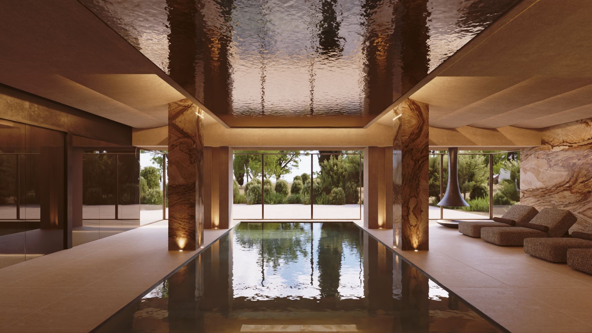 Piscina interior con butacas y tabiques de cristal que la comunican con el jardín 
