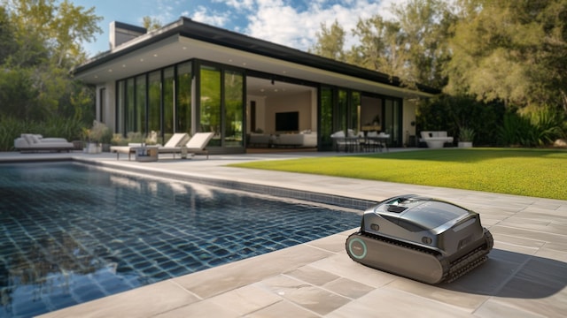 Un robot limpiapiscinas de Aiper junto a una piscina