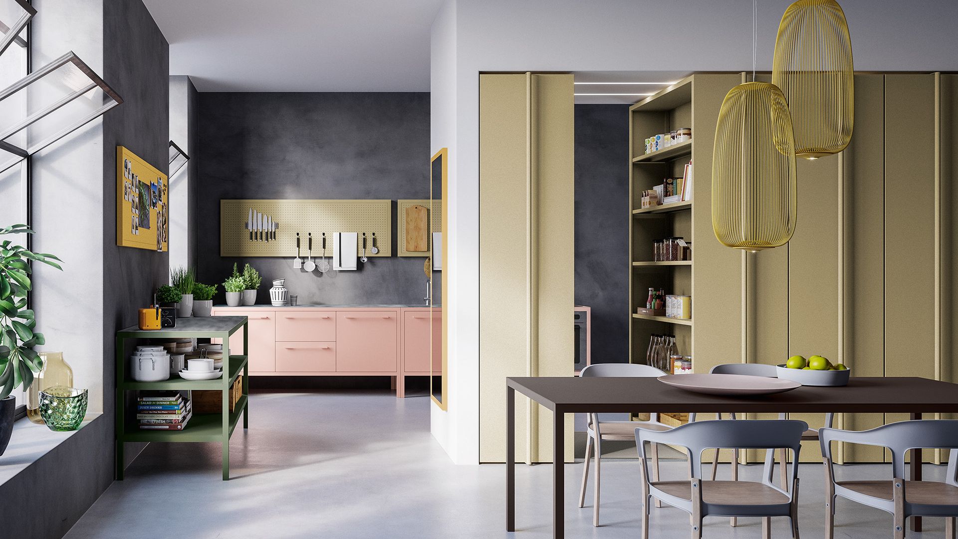 Cocina con muebles rosas, paredes grises, cocina abierta con comedor, gran armario despensa 