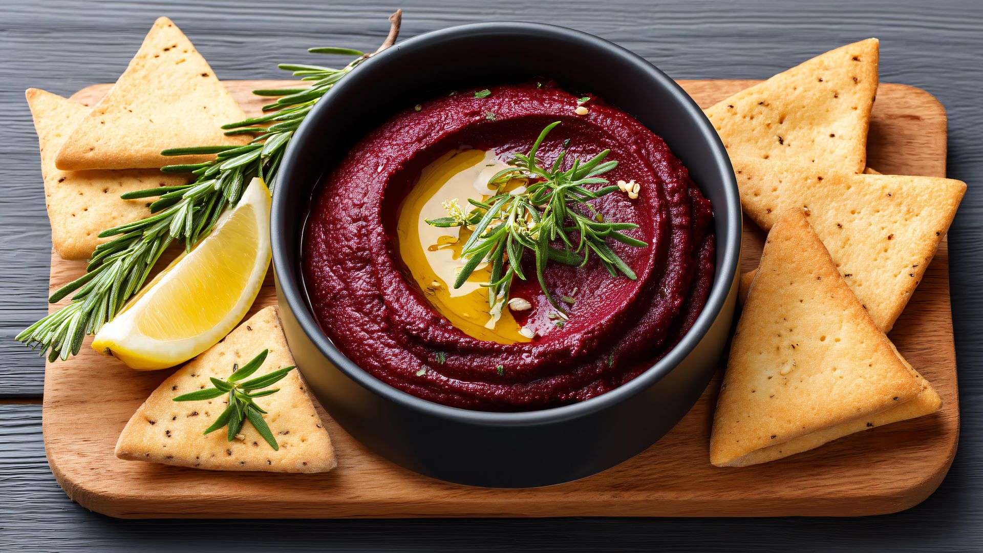 Hummus de remolacha con triángulos de pan de pita