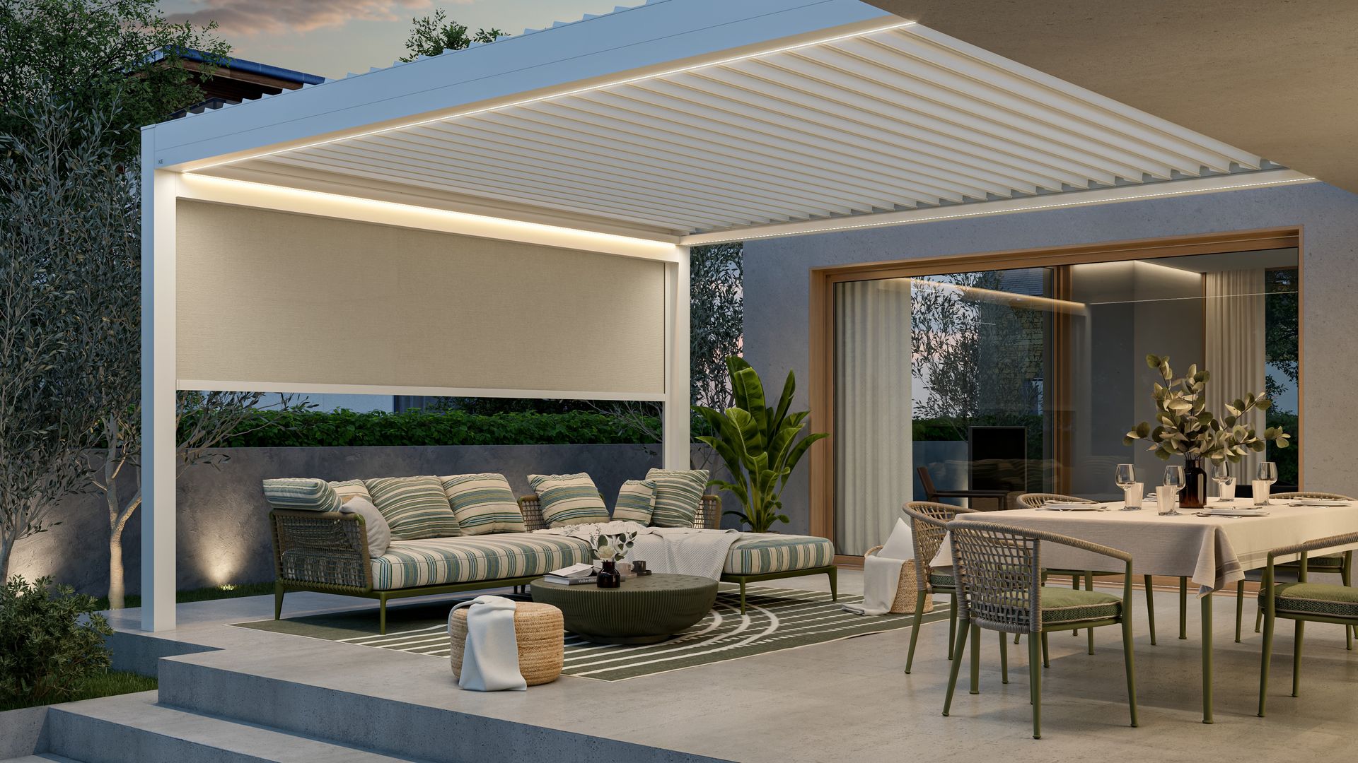 Salón comedor exterior con pérgola bioclimática, alfombra 