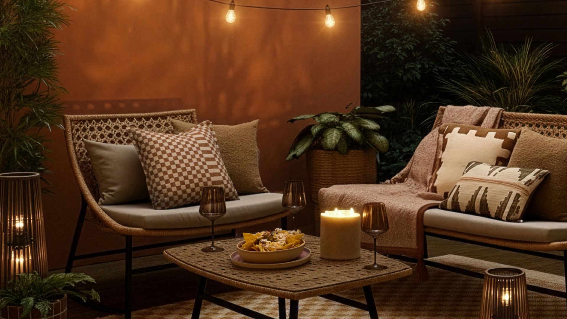 Terraza con guirnaldas de luz blanca, salón exterior, alfombra, lámparas de sobremesa en el suelo