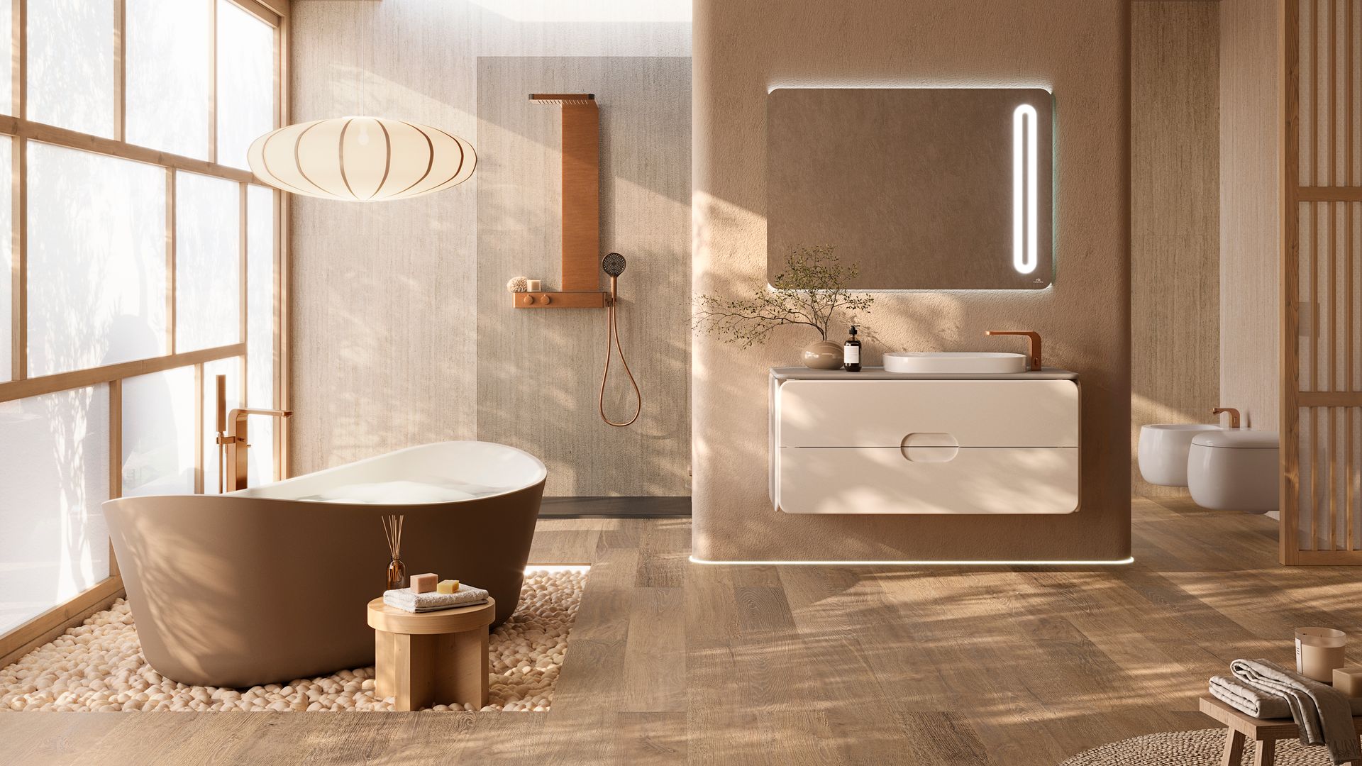 Baño de estilo japonés, con mueble suspendido, ducha abierta, bañera exenta, espejo retroiluminado y lámpara de papel 