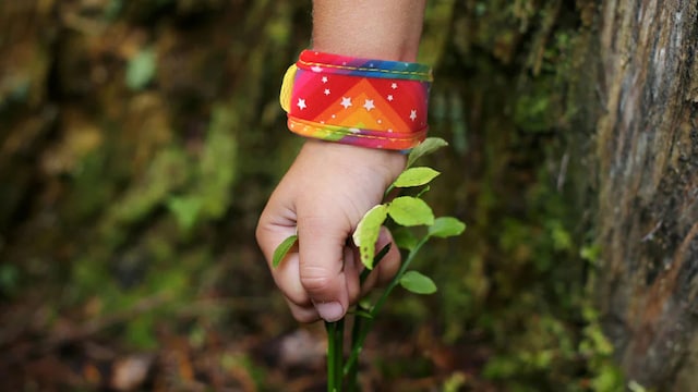 Pulsera antimosquitos Para'Kito de niños en la muñeca de un niño agarrando una planta en el bosque.
